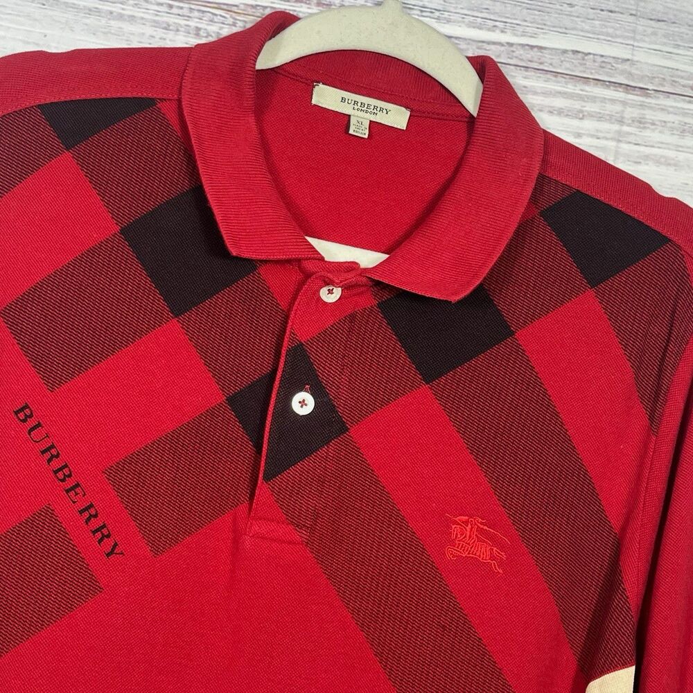 Burberry London Mens XL Plaid Nova Check L/S Polo Rugby Shirt Red Cotton Logo